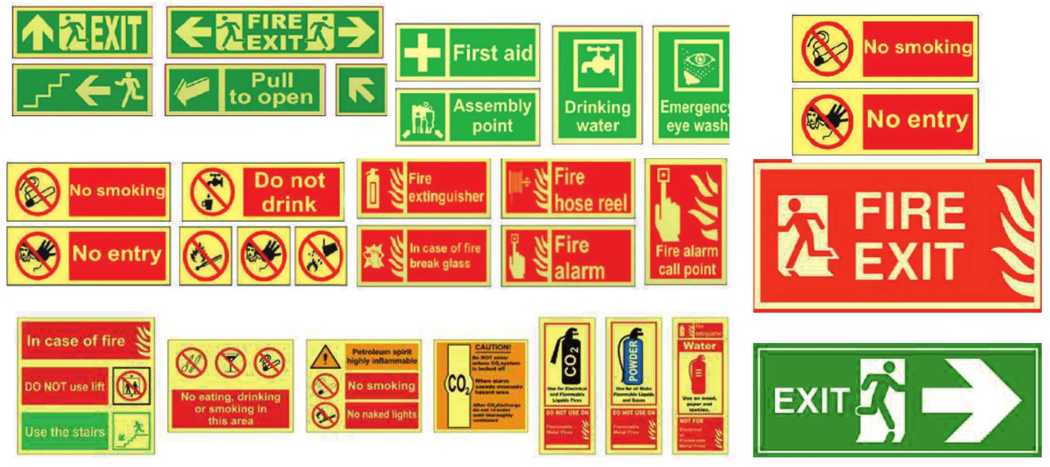Fire exit, first aid and prohibition safety signs