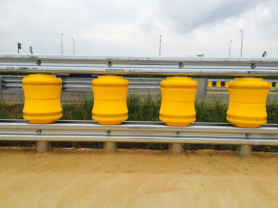 Front view of rollers between twin steel guardrails